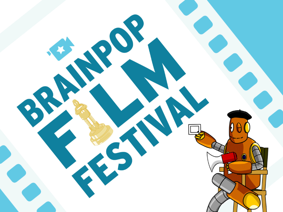 Moby the orange robot holding a clapperboard, seated in a director's chair. "BRAINPOP FILM FESTIVAL" text with filmstrip and gold trophy. Playful vibe.