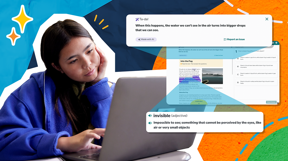 A girl in a blue hoodie looks at a laptop screen displaying educational content. The background is colorful with abstract shapes.