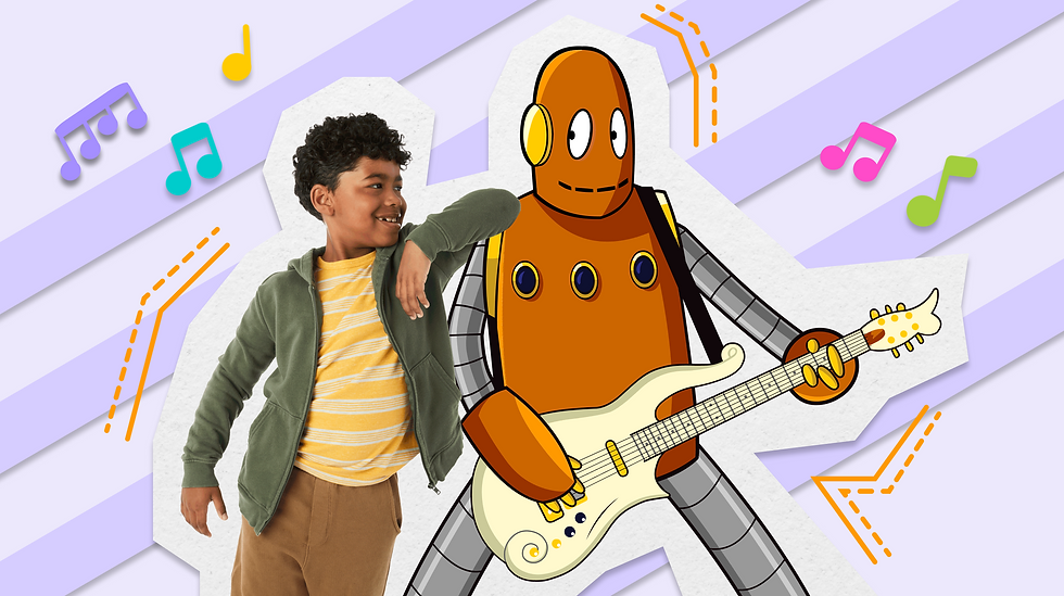 Boy smiles at Moby the orange robot playing guitar. Colorful musical notes and patterns on striped background, creating a playful vibe.