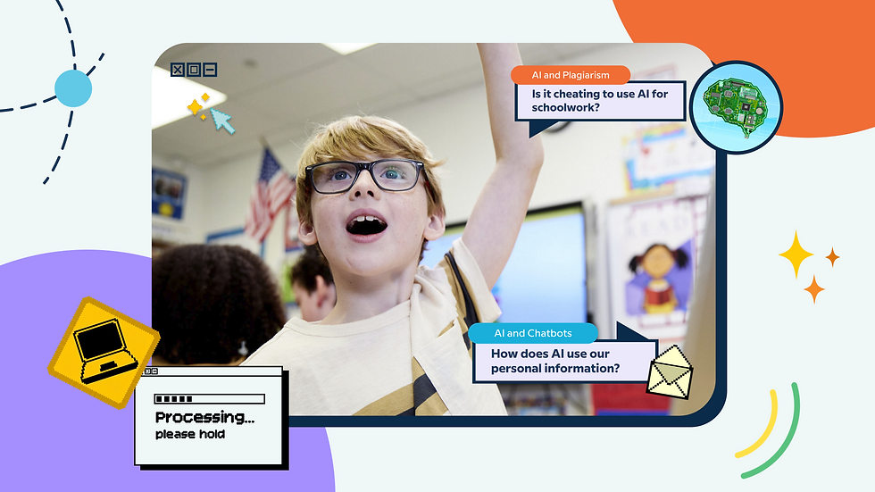 Boy in a classroom raises his hand beside AI-themed text bubbles about plagiarism, schoolwork, and personal information.