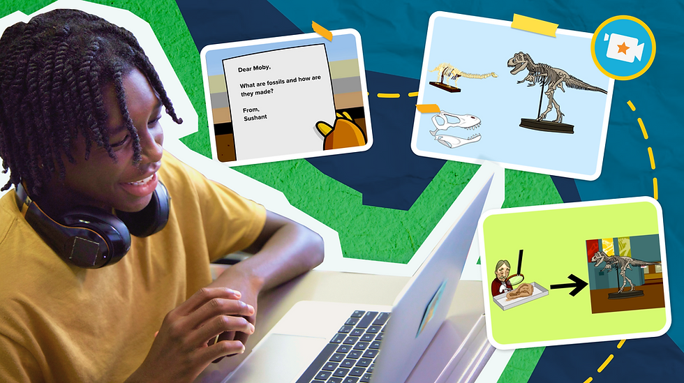 Young person smiling at laptop with headphones around neck. Screens show a letter about fossils, dinosaur skeletons, and a fossil-to-skeleton process.