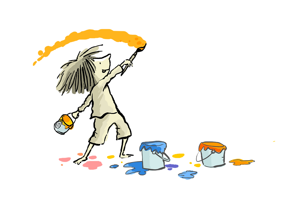 A child painting with a large paintbrush, surrounded by paint cans and splatters, in The Dot's art style.