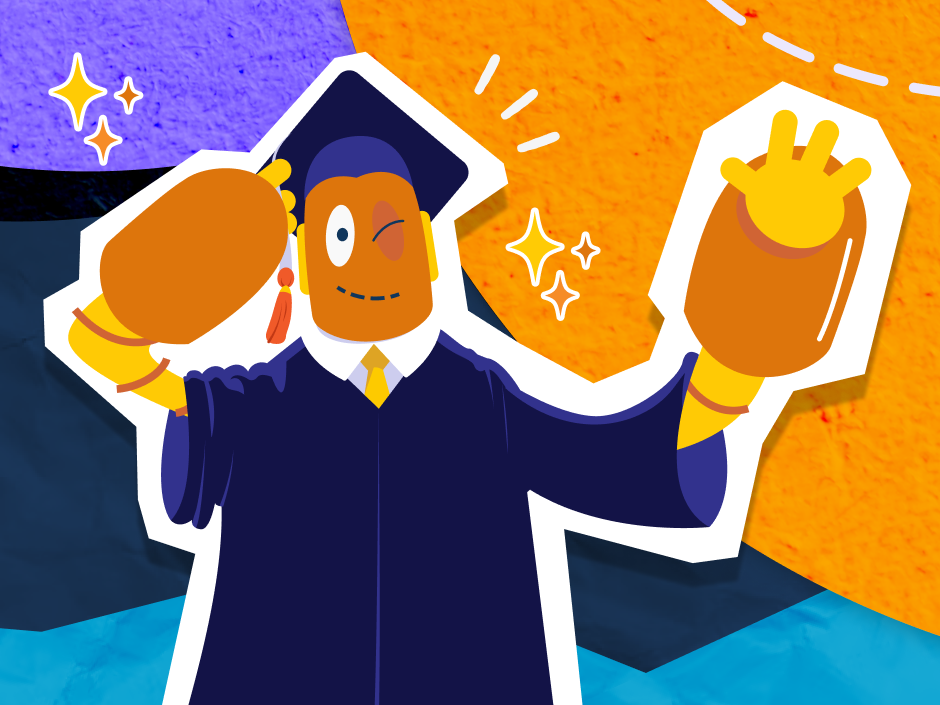 Moby wears a graduate cap and gown to represent Portrait of a Graduate skills.