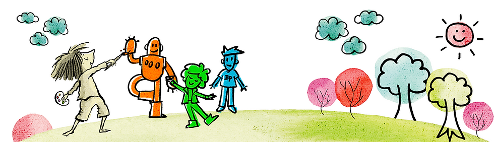 A child holding a paintbrush walks alongside Moby, Nat, and Tim across a grassy hill with trees, clouds, and a smiling sun, all in The Dot's art style.