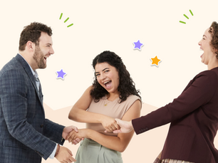 Three teachers laughing and shaking hands against a light background with stars. They appear joyful, wearing professional attire.
