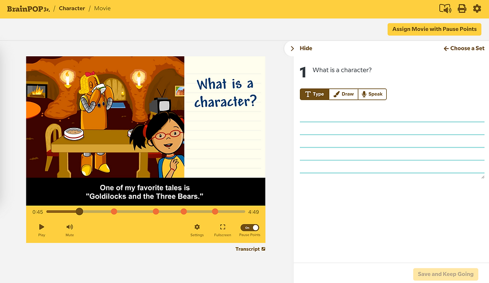Moby the robot and Annie from BrainPOP Jr. in a cozy room, discussing "What is a character?" A pie on the table. Warm colors. Text: "Goldilocks and the Three Bears."