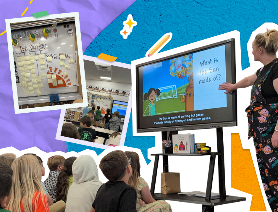 Children listen to a teacher pointing at a screen with a sun diagram. Classroom has charts and post-its. "KWL" text on purple and blue background.