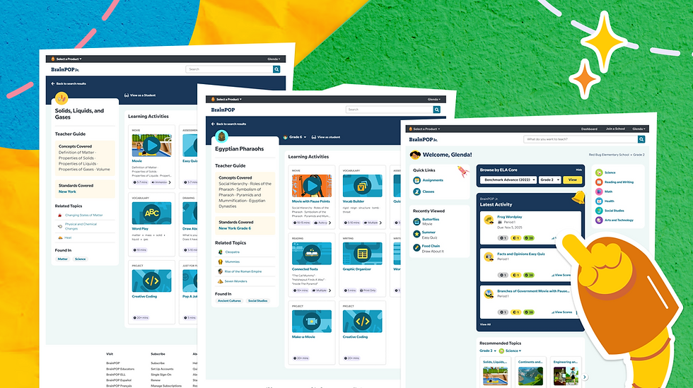 Three overlapping educational dashboards on vibrant background. Includes lessons on solids, liquids, gases, and Egyptian pharaohs. Bright, engaging design.