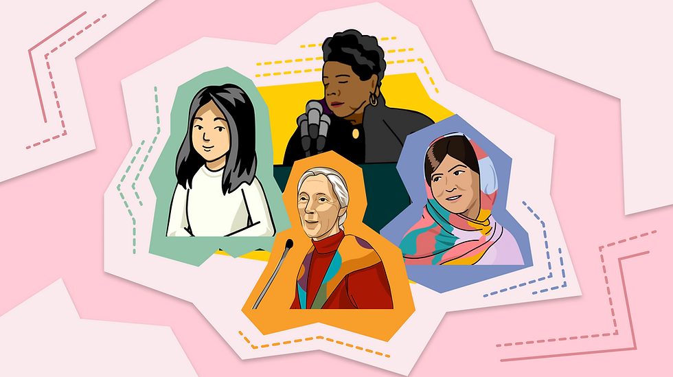 Illustrated portraits of four women, Maya Angelou, Maya Lin, Jane Goodall, and Malala, on a pink background. Each is framed in different colors: green, yellow, orange, and blue. No text visible.