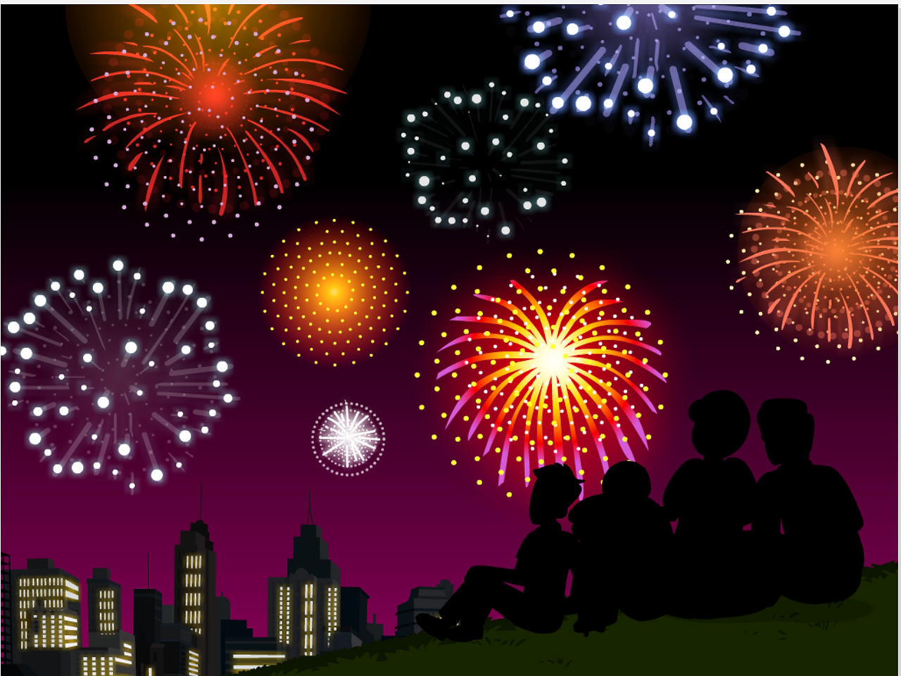 Fireworks against a city skyline at night. From BrainPOP's Independence Day movie.