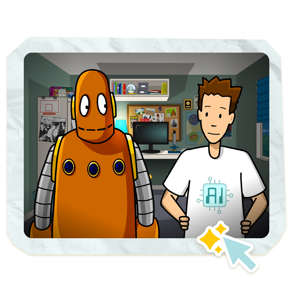Moby the robot and a boy, Tim, in a room with a computer, posters, and books. The boy wears a shirt with an AI logo, and a click icon is visible.