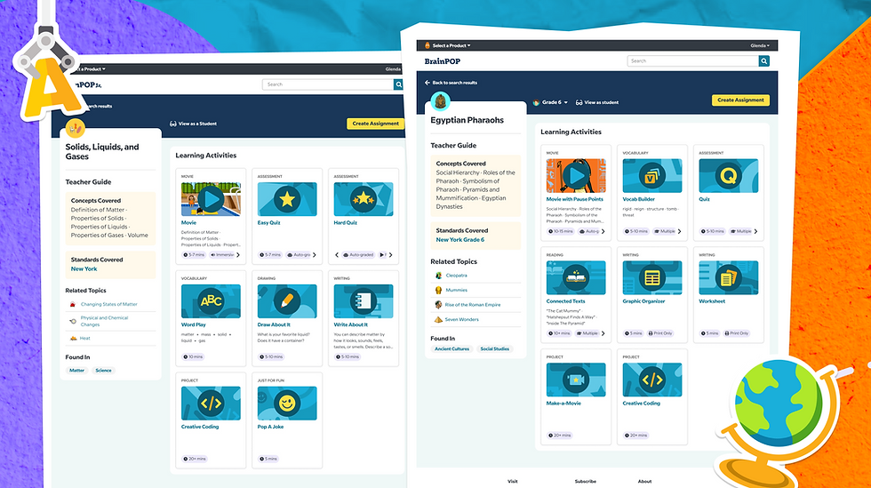 Two educational web pages show learning activities on topics like Solids and Pharaohs. Background is colorful, with globe and letter A icons.