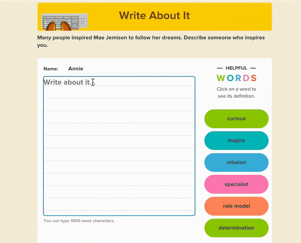 BrainPOP Jr. interface of Write About It activity. Prompt mentions Mae Jemison. Name: Annie. Helpful words list includes curious, inspire, and role model.
