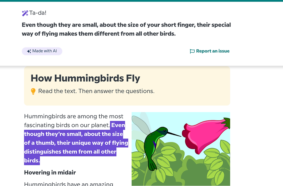 Text page about hummingbirds. Title: "How Hummingbirds Fly." Illustration of a green hummingbird near a pink flower. Highlighted text notes their flight uniqueness.