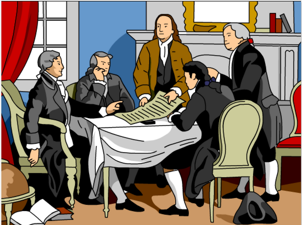 Five historical men in coats study a document around a table in a stately room with red curtains and a fireplace. From BrainPOP's movie on the Declaration of Independence.