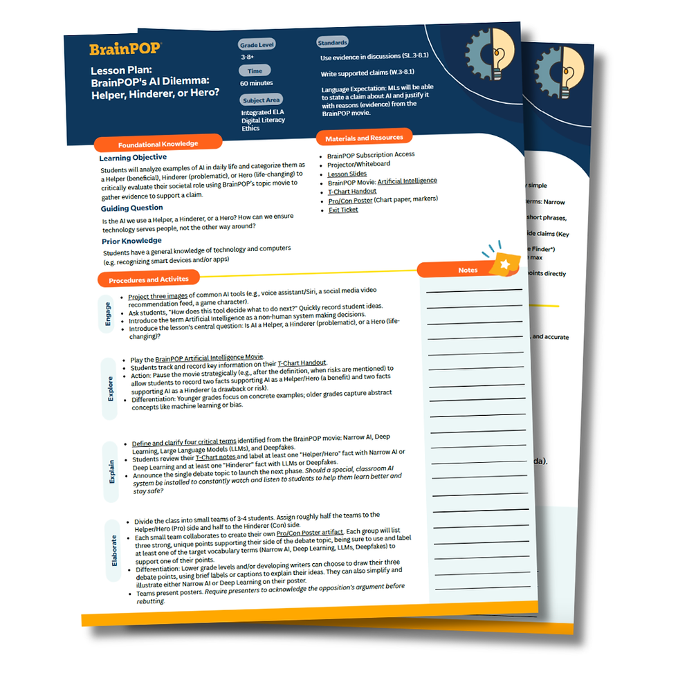 BrainPOP lesson plan titled "AI Dilemma: Helper, Hinderer, or Hero?" with text on objectives, activities, materials, and colorful notes section.