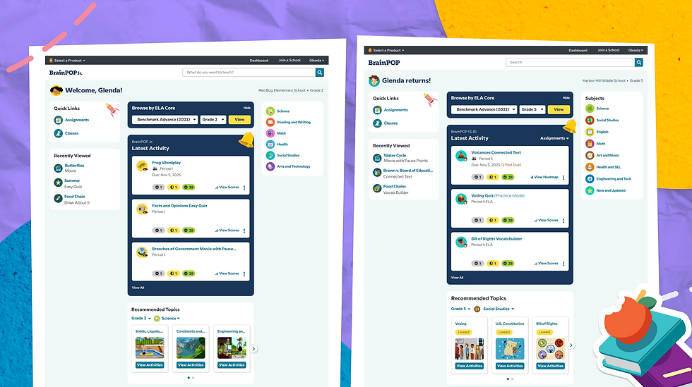 Two BrainPOP homepage screens side by side, showing welcome to Glenda, latest activities, subjects, and recommendations on a colorful background.