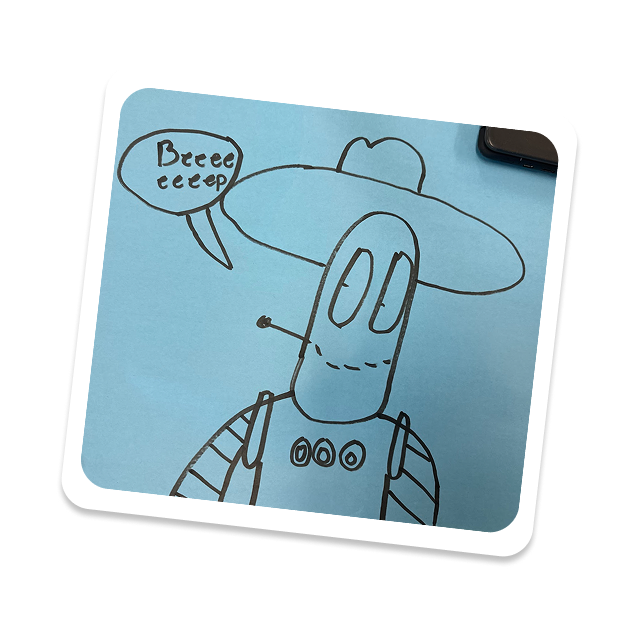 Student drawing of Moby in a cowboy hat saying "Beeeeeeeep!"