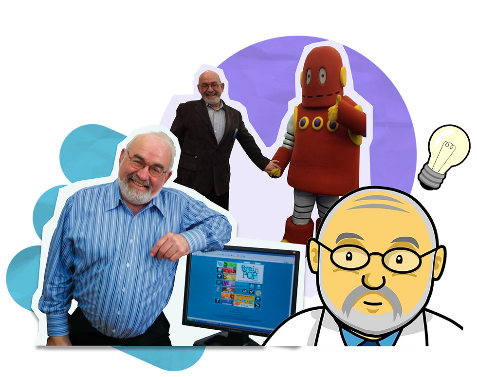 Dr. Kadar, BrainPOP's founder, pictured with Moby and an early BrainPOP interface