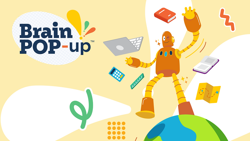 BrainPOP-up logo with Moby the robot waving from atop a globe, surrounded by a laptop, books, a calculator, and other classroom supplies.