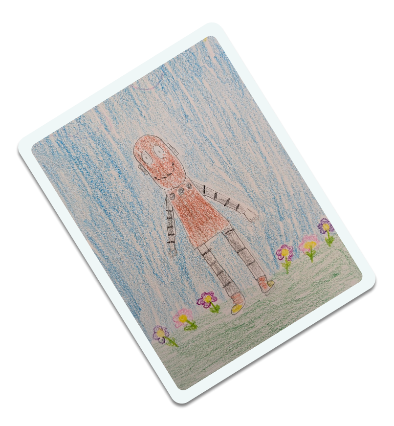 Moby student crayon drawing - Moby stands in a meadow with flowers.