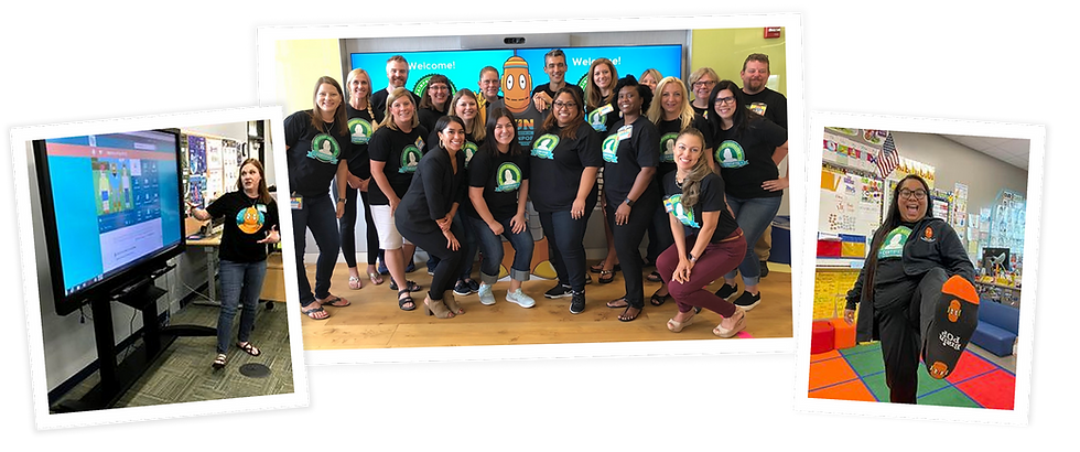 Collage of BrainPOP teacher community containing 3 photos. The first photo shows a teacher showing a BrainPOP movie on a smart board in a classroom. The next image shows a large group of BrainPOP teachers taking a picture with Moby at a conference while wearing matching Certified BrainPOP Eduator shirts. The final photo shows a Certified BrainPOP Educator showing off her BrainPOP jacket and socks swag!