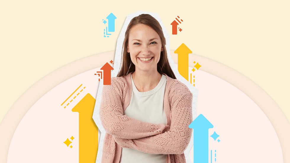 Smiling woman with arms crossed stands against a pastel background with colorful upward arrows, conveying positivity and growth.