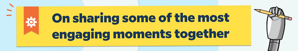 Yellow banner with text: "On sharing some of the most engaging moments together." Robot arm holding a pencil. Light blue background.