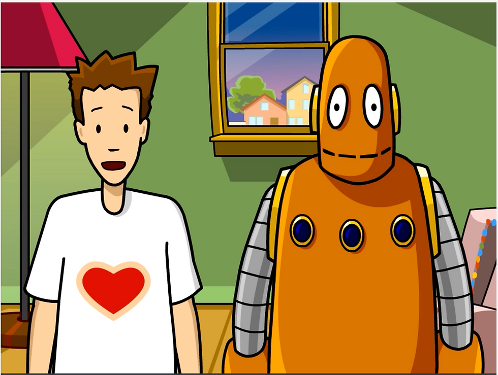 Tim in a heart-print shirt and Moby, an orange robot, stand in a room with a window showing houses and trees. Mood is friendly.