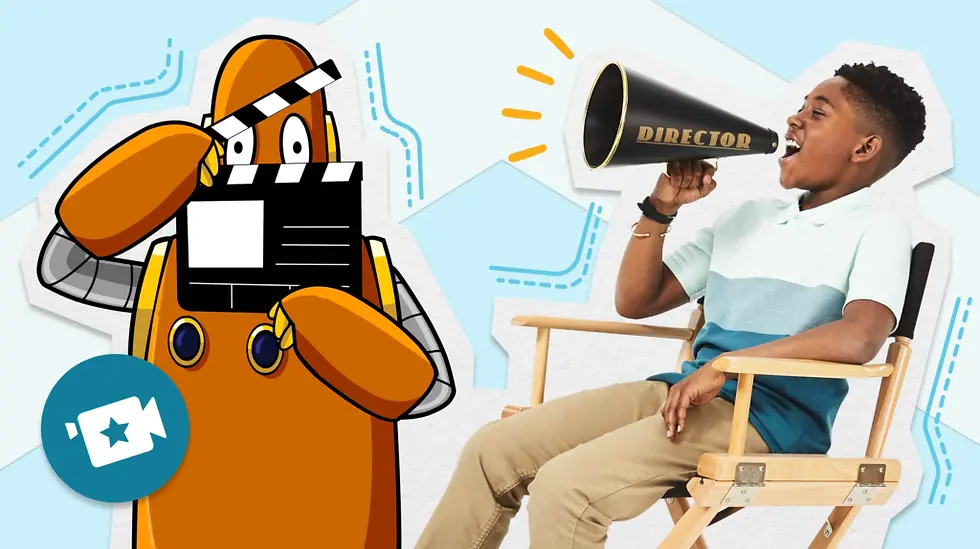 Moby stands with a film slate next to a child in a director's chair