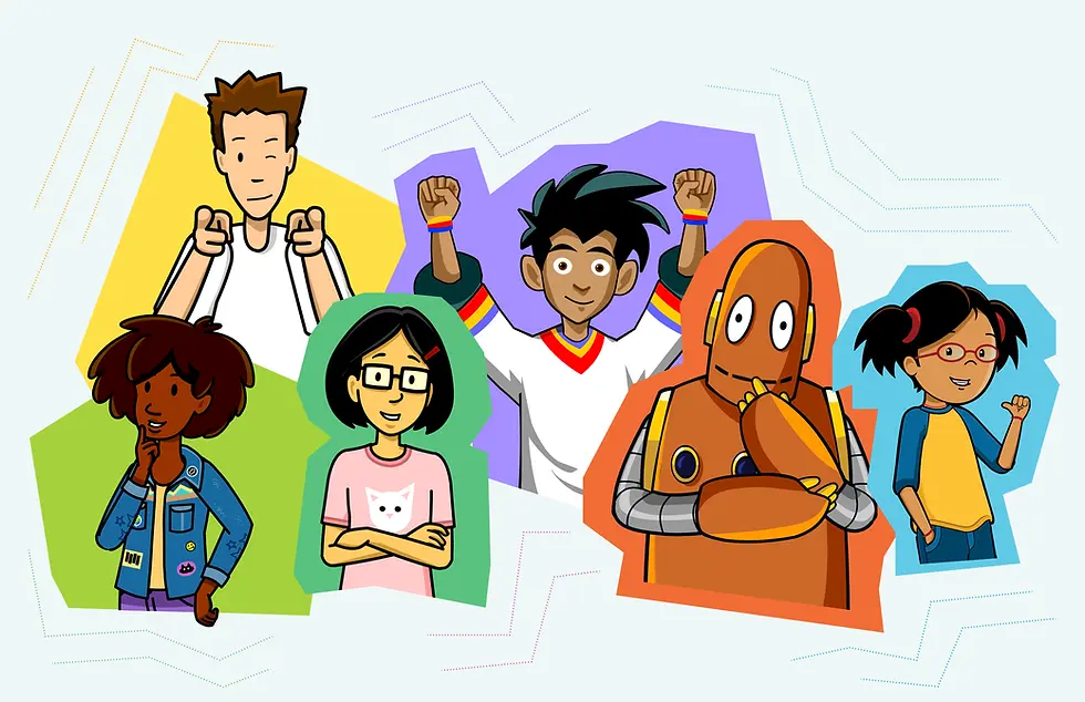 Animated group of diverse characters in colorful outfits, some with raised fists and thoughtful poses. Background has bright shapes.