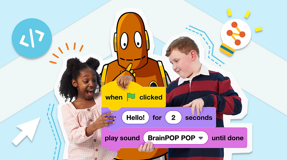 A girl and boy hold colorful code blocks with Moby the orange robot. Background features tech icons. The girl is excited and smiling.