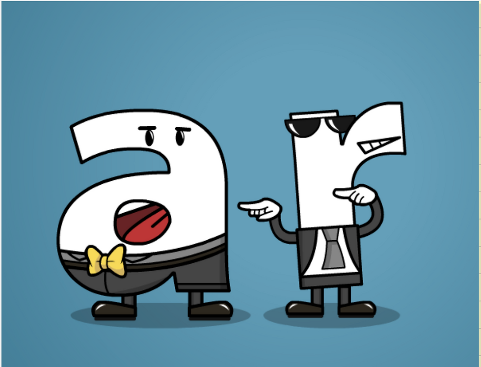 BrainPOP Jr. Phonics unit: Cartoon letters “a” and “r” as characters, with “a” wearing a yellow bow tie and shouting with its mouth open, while “r” wears sunglasses and a suit and points at it.