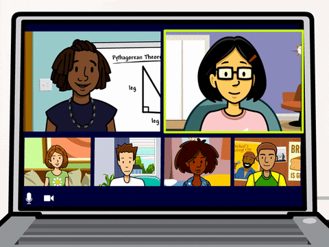 Cartoon video call on laptop shows five smiling people. Text on a board reads "Pythagorean Theorem." Backgrounds vary by participant.