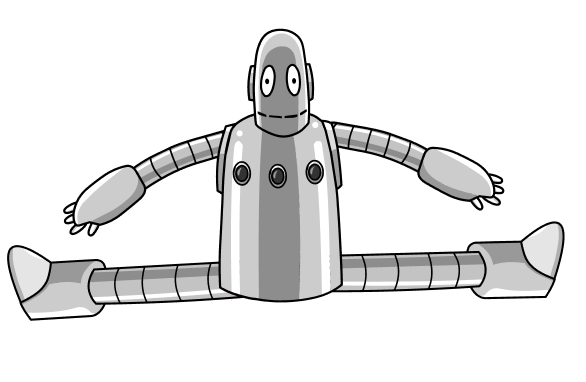 Moby the robot doing a split, with wide eyes and a metallic body. The background is plain black, adding focus to the robot's pose and design.