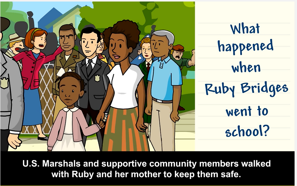 From BrainPOP Jr.'s Ruby Bridges movie. A group escorts a girl and her mother through a crowd. Text reads "What happened when Ruby Bridges went to school?" Mood is tense and protective.