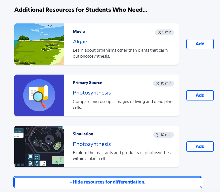 Educational resources list for students: "Algae" movie, "Photosynthesis" primary source, simulation on photosynthesis; options to add.