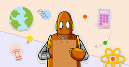 Moby the orange robot with a clipboard, surrounded by Earth, lightbulb, calculator, and science icons. Bright colors on a light background.