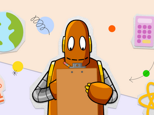Moby the orange robot with a clipboard, surrounded by Earth, lightbulb, calculator, and science icons. Bright colors on a light background.