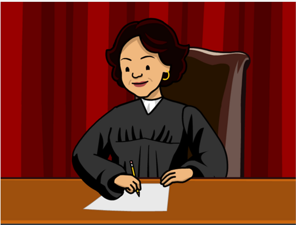 From BrainPOP's movie on Sonia Sotomayor. Judge in black robe writes on paper at a wooden desk, against red curtain background. She appears focused and composed.