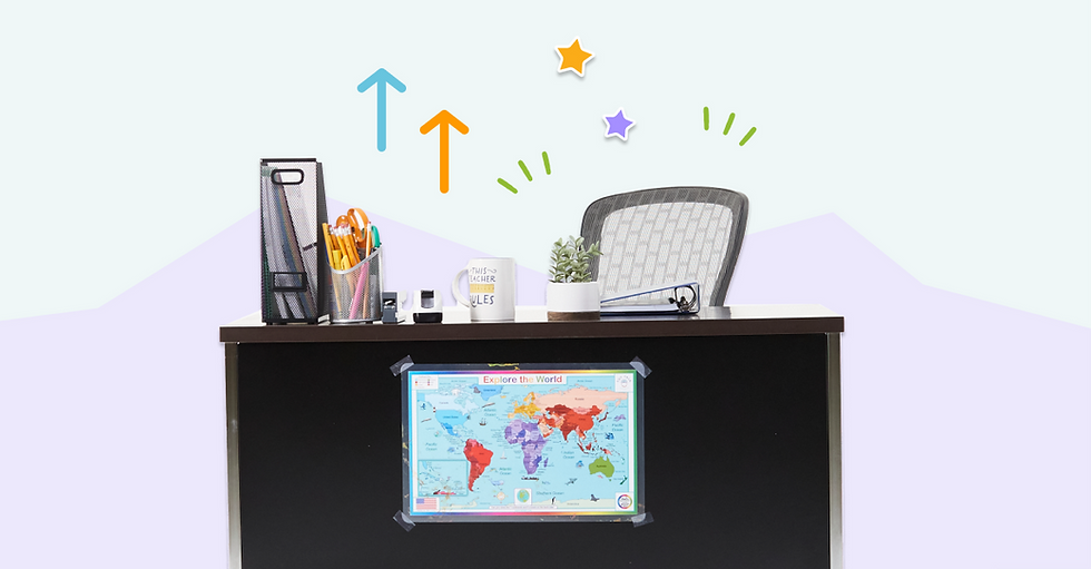 Desk with a mug labeled "This Teacher Rules," pens, a plant, and a world map. Arrows and stars are in the background, giving a lively vibe.