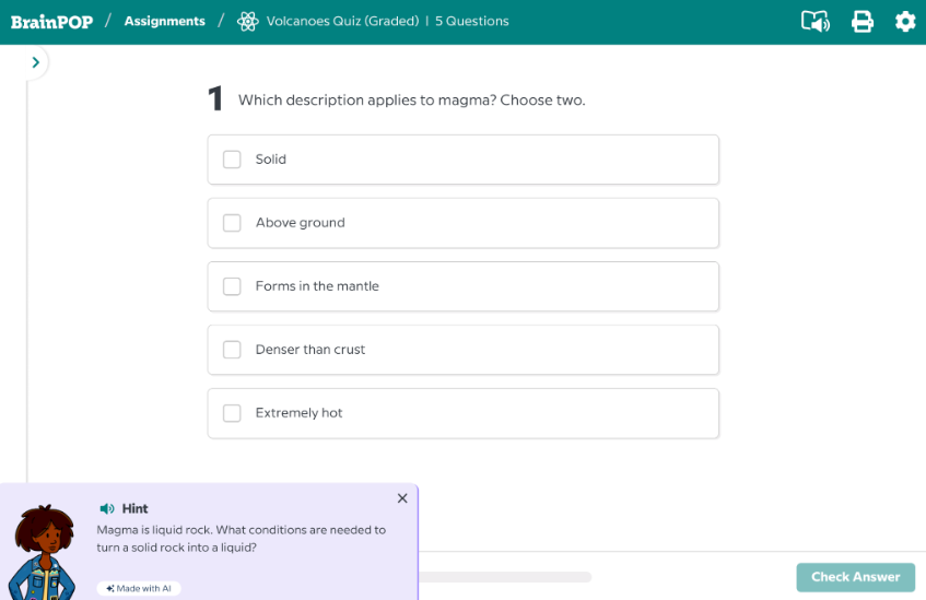 Quiz screen about magma with multiple-choice options. A hint box with Nat, a BrainPOP character, provides extra information about conditions to liquefy rock.