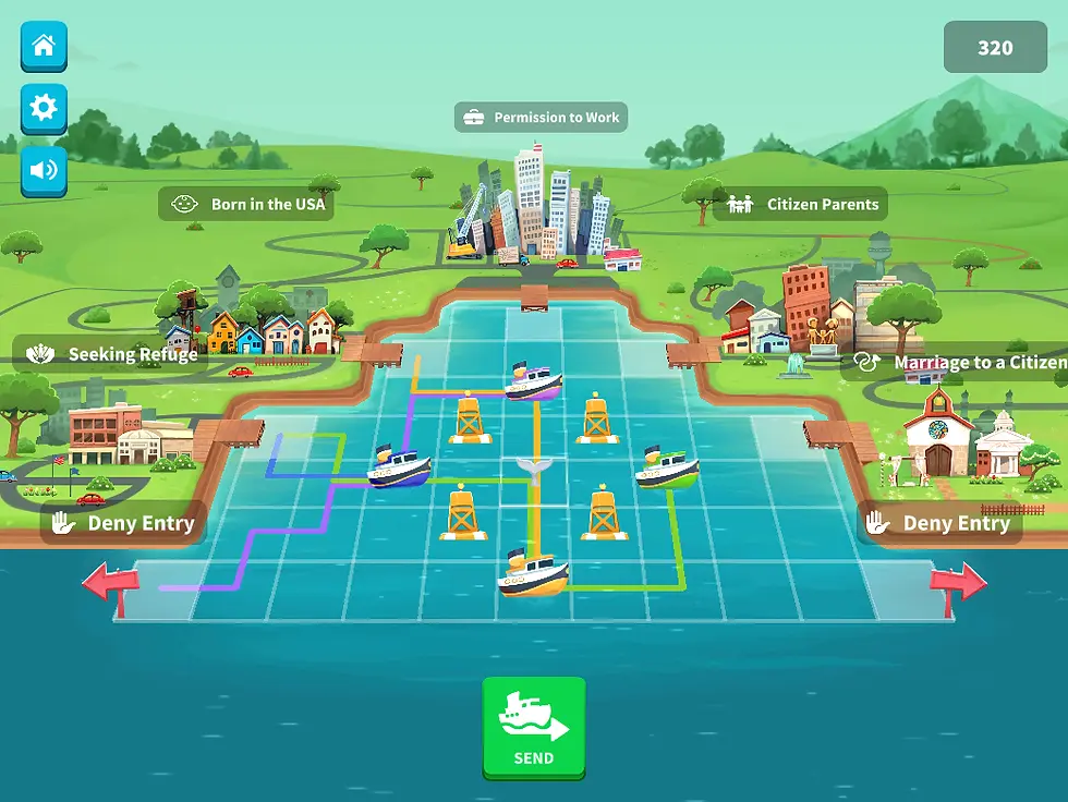 Gameplay categories include "Deny Entry," "Seeking Refuge," "Born in the USA," "Permission to Work," "Citizen Parents," and "Marriage to a Citizen"