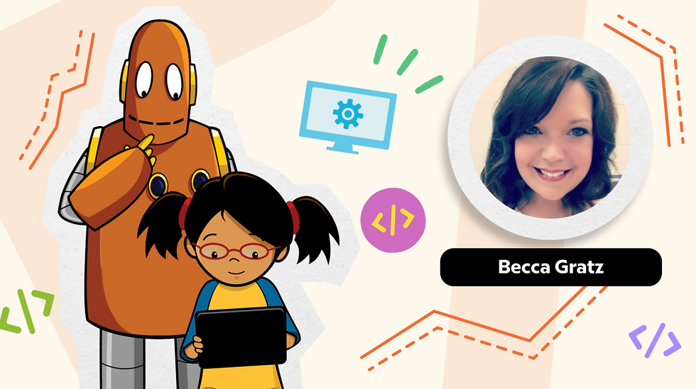 BrainPOP characters Moby and Annie next to a photo of Certified BrainPOP Educator, Becca Gratz.