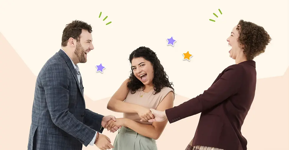 Three people laughing and shaking hands against a light background with stars. They appear joyful, wearing business attire.