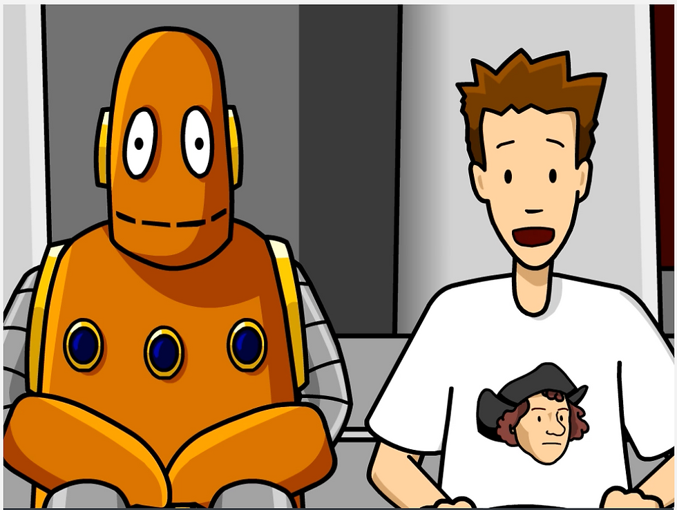 Tim and Moby sit next to each other. Tim is wearing a white T-shirt with the face of Christopher Columbus on it. From the BrainPOP Christopher Columbus topic.