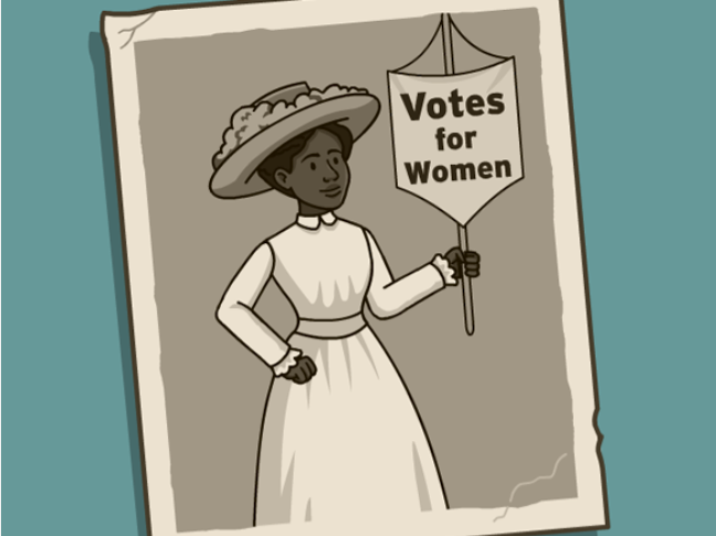 Illustration of a Black woman in a hat holding a "Votes for Women" sign. She wears a long dress and stands confidently against a teal background. From BrainPOP's movie on Women's Suffrage.