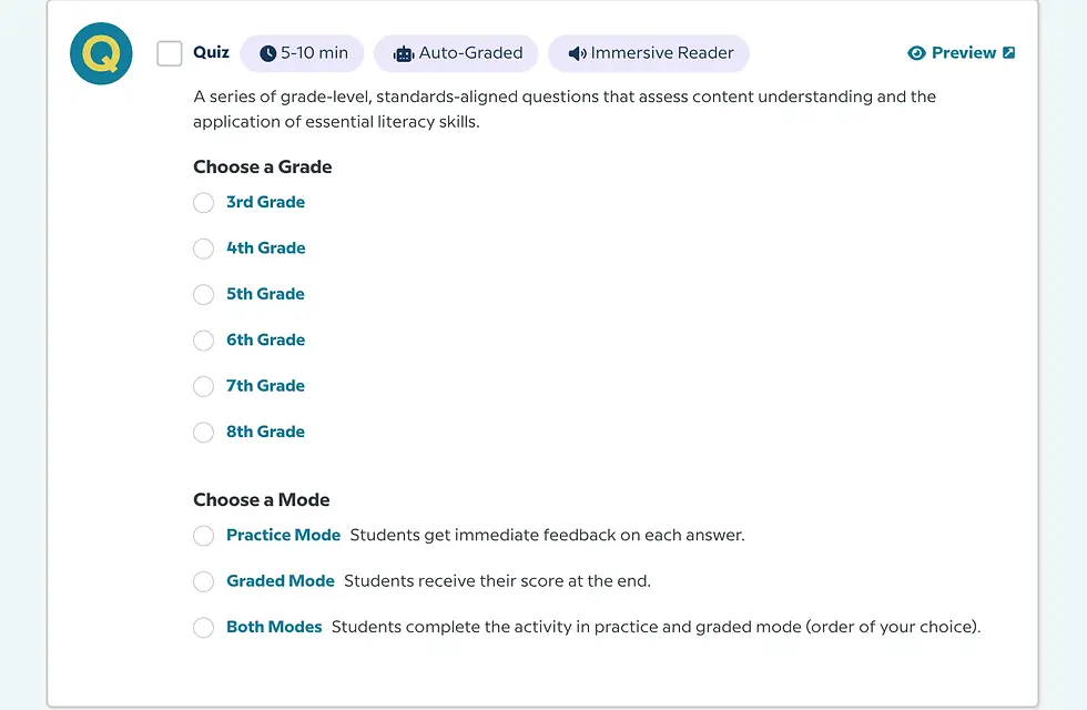 Quiz setup interface with choices for grade levels (3rd-8th) and modes (Practice, Graded, Both). Blue and white color scheme.