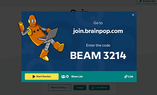 Starting screen for Live Mode. Text: Go to join.brainpop.com and enter the code BEAM 3214. Button: Start Session