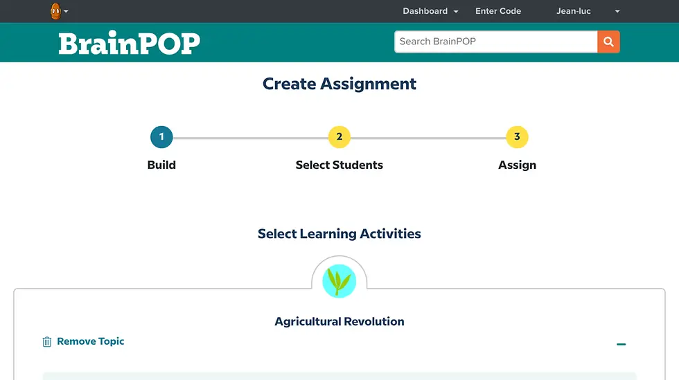 BrainPOP interface screenshot. Creating assignment steps: Build, Select Students, Assign. Highlighted topic: Agricultural Revolution.